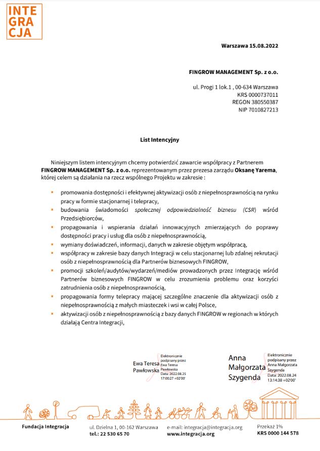 Skan rekomendacji od Fundacja Integracja