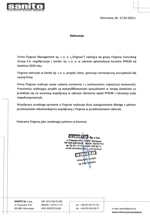Skan rekomendacji od Sanito sp. z o.o.