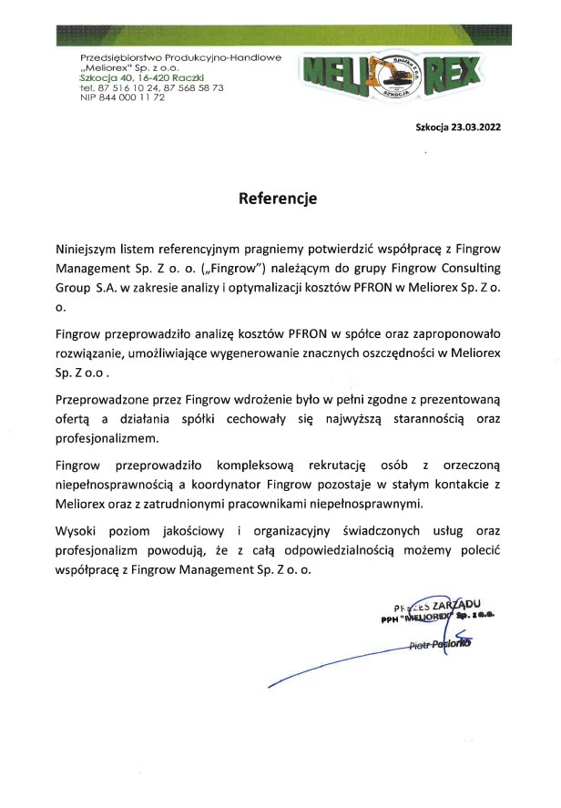 Skan rekomendacji od Meliorex sp. z o.o.