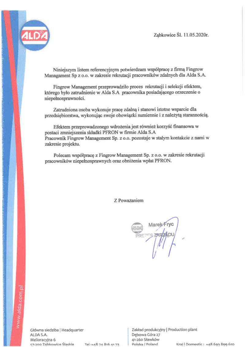 Skan rekomendacji od ALDA S.A.