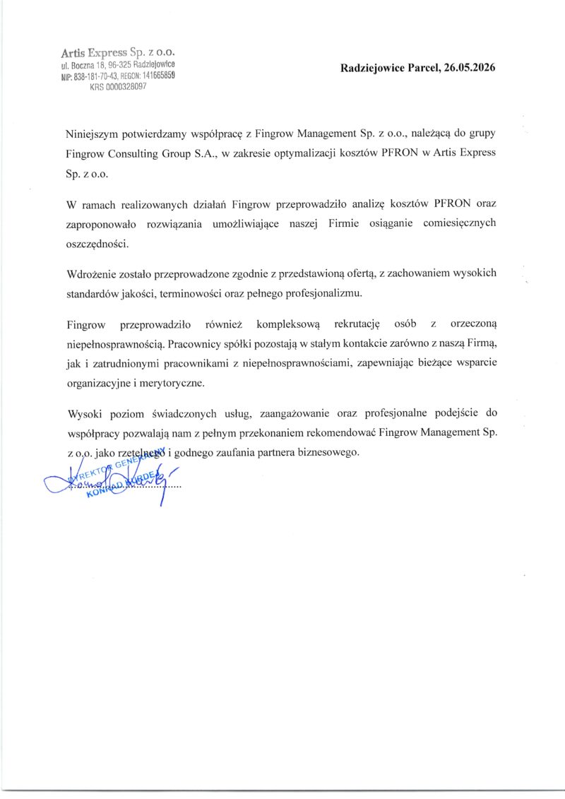 Skan rekomendacji od Artis Express Sp. z o.o.