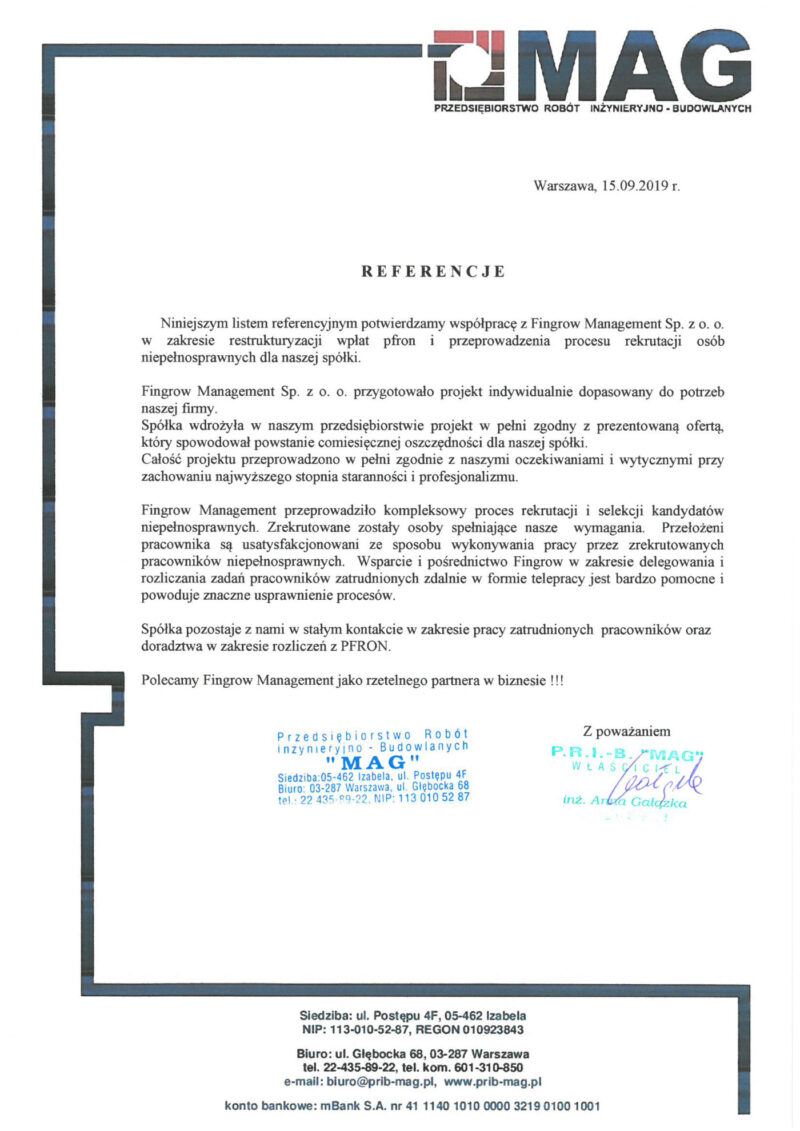 Skan rekomendacji od Przedsiębiorstwo Robót Inżynieryjno-Budowlanych „Mag” Anna Gałązka