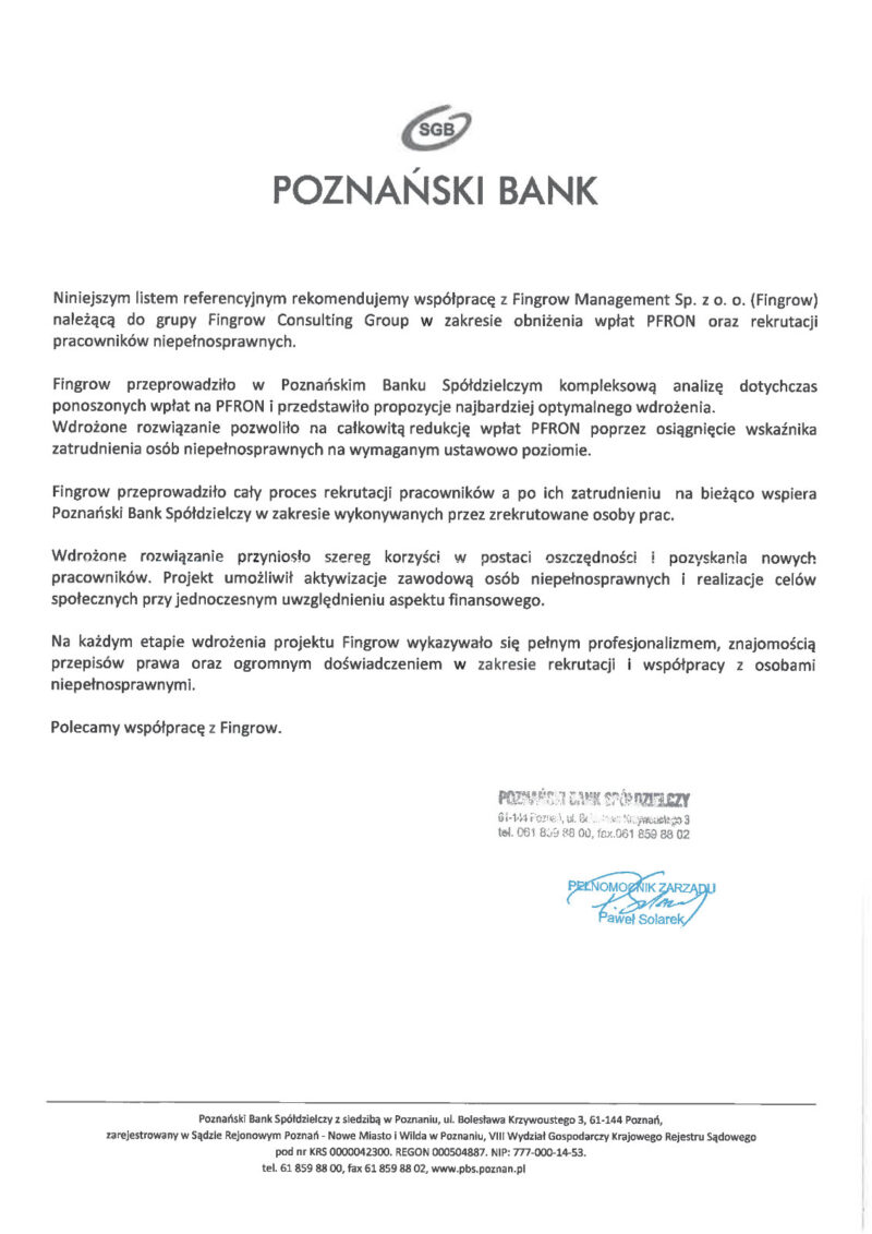 Skan rekomendacji od SGB Poznański Bank