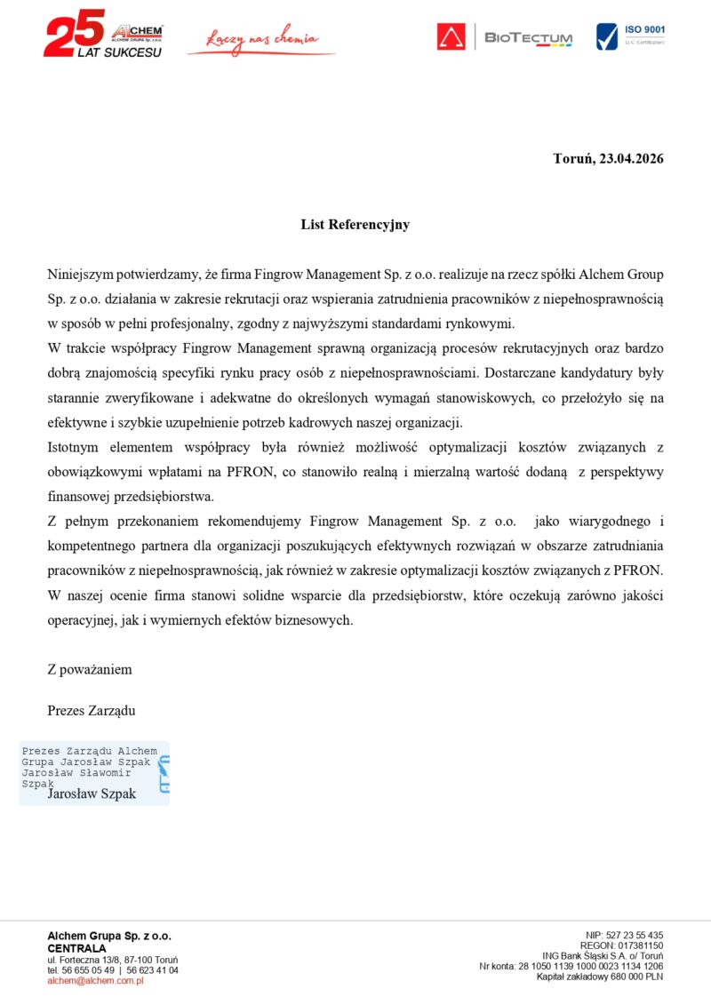 Skan rekomendacji od Alchem Grupa Sp. z o.o.