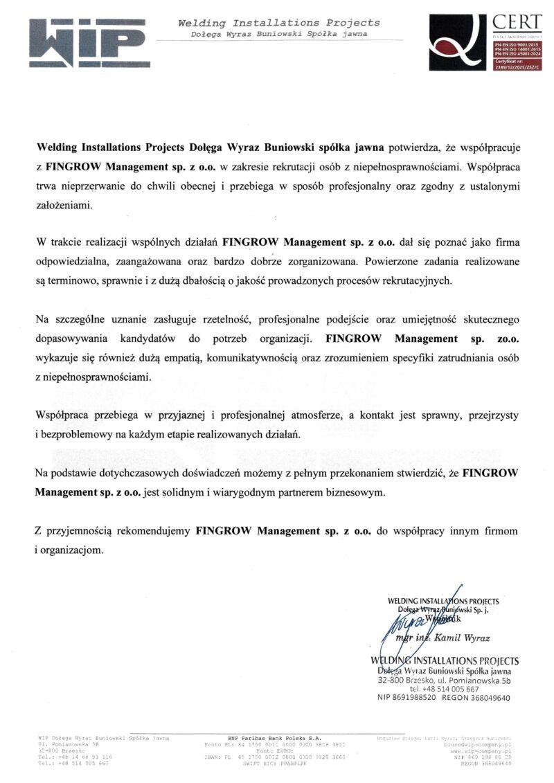 Skan rekomendacji od Welding Installations Projects Dołęga Wyraz Buniowski sp. j.
