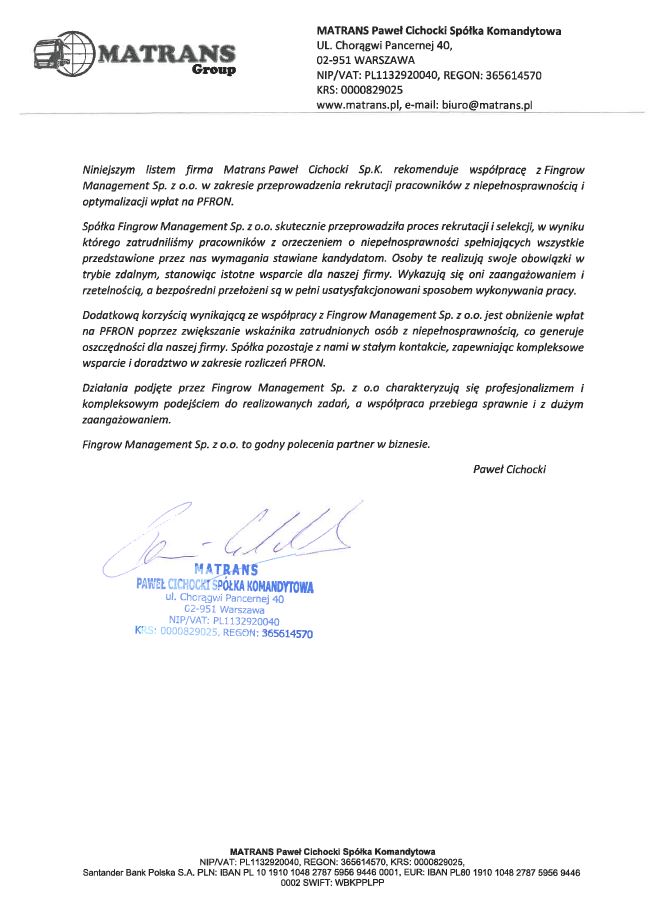Skan rekomendacji od MATRANS Spółka komandytowa