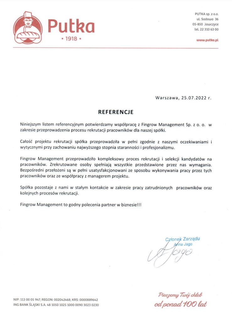 Skan rekomendacji od PUTKA sp. z o.o.