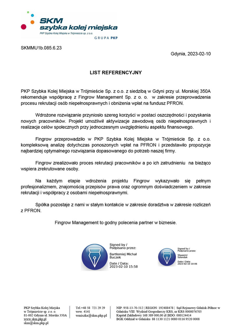Skan rekomendacji od Szybka Kolej Miejska sp. z o.o.