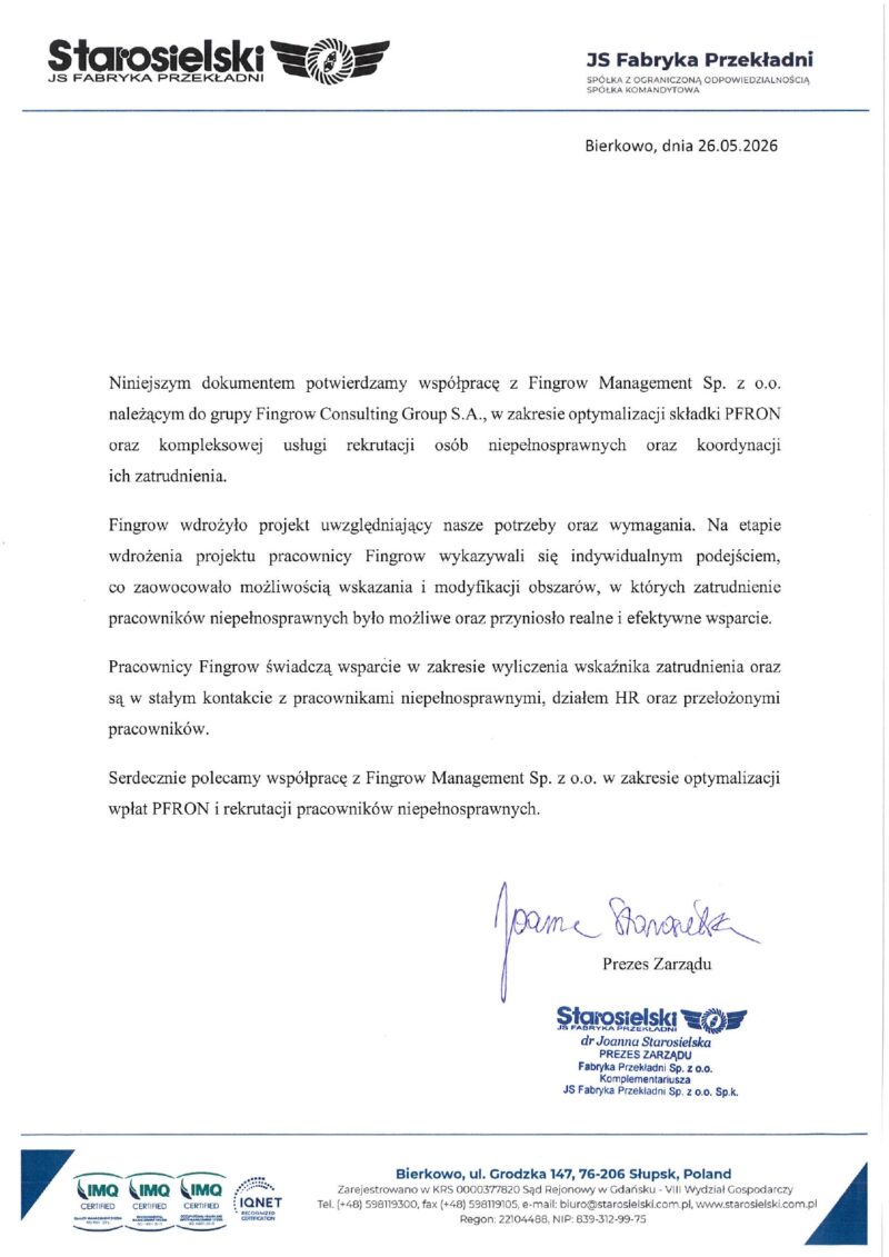 Skan rekomendacji od JS Fabryka Przekładni Sp. z o.o. S.K.