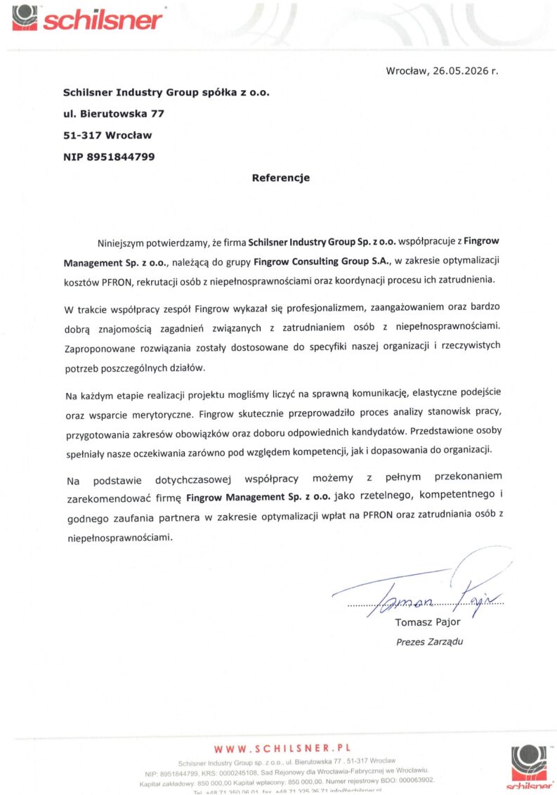 Skan rekomendacji od Schilsner Industry Group Sp. z o.o.
