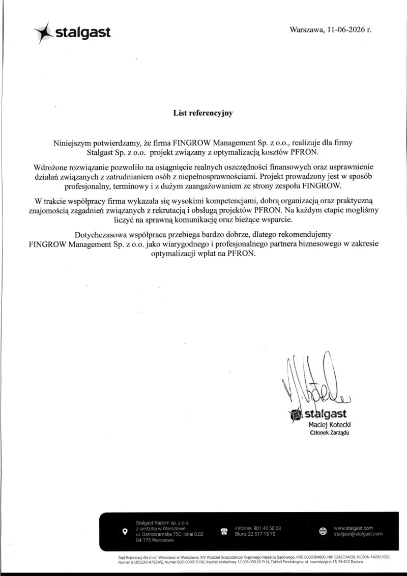 Skan rekomendacji od Stalgast Sp. z o.o.