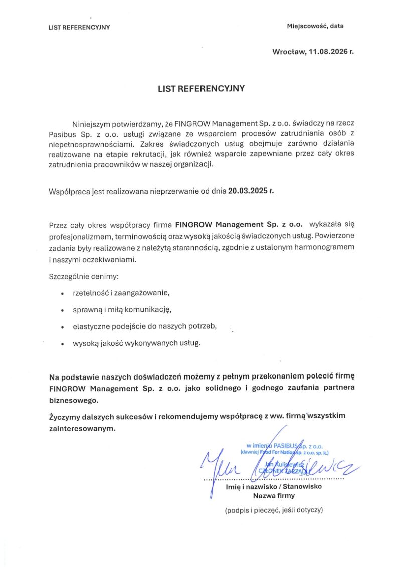 Skan rekomendacji od Pasibus Sp. z o.o.