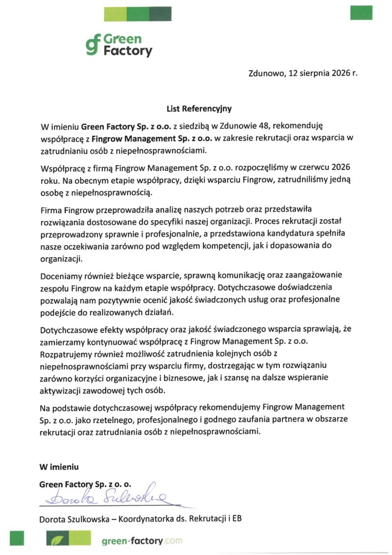Skan rekomendacji od Green Factory Sp. z o.o.