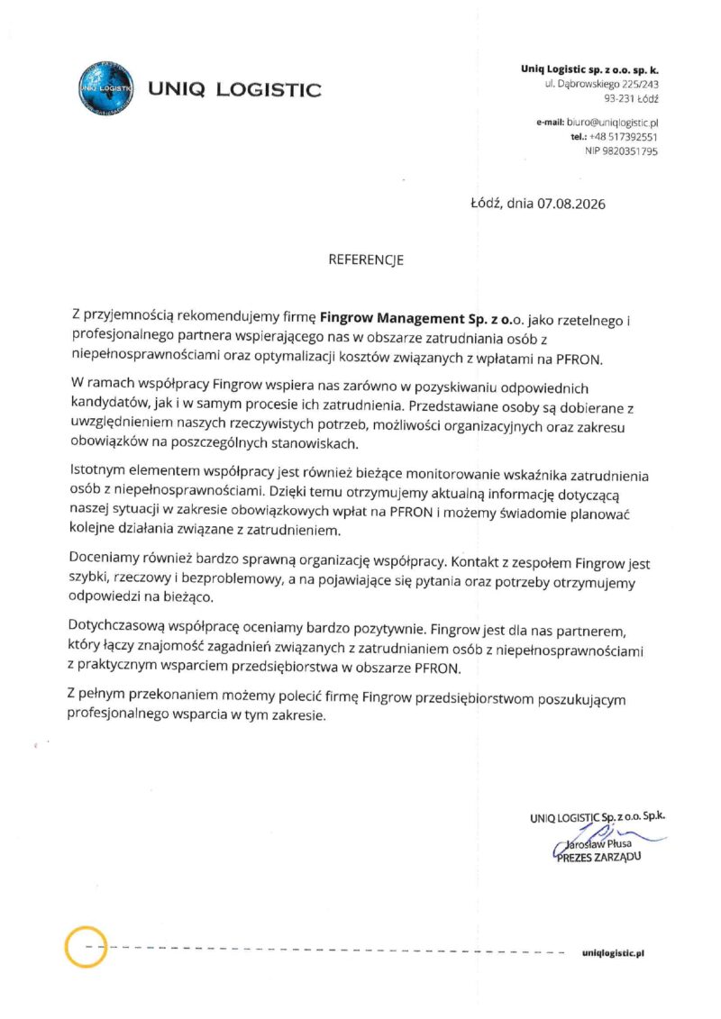 Skan rekomendacji od Uniq Logistic Sp. z o.o. Sp. K.